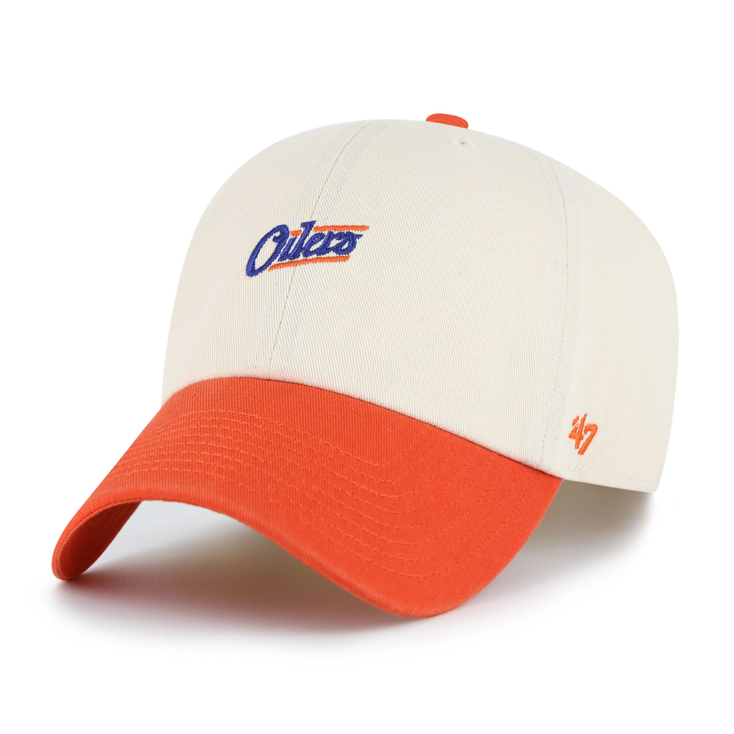 Baseball cap with orange brim and white top on a white background