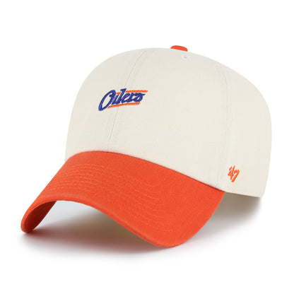 Baseball cap with orange brim and white top on a white background