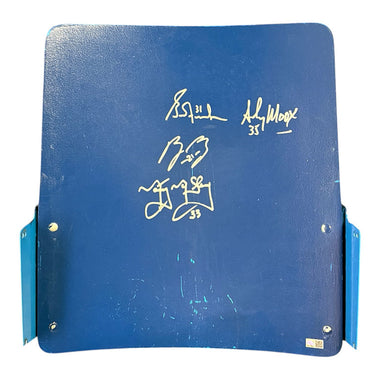 Blue arena seatback with signatures and on a white background
