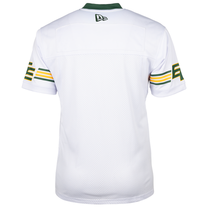 White Edmonton Elks football jersey with green and yellow accents on a white background