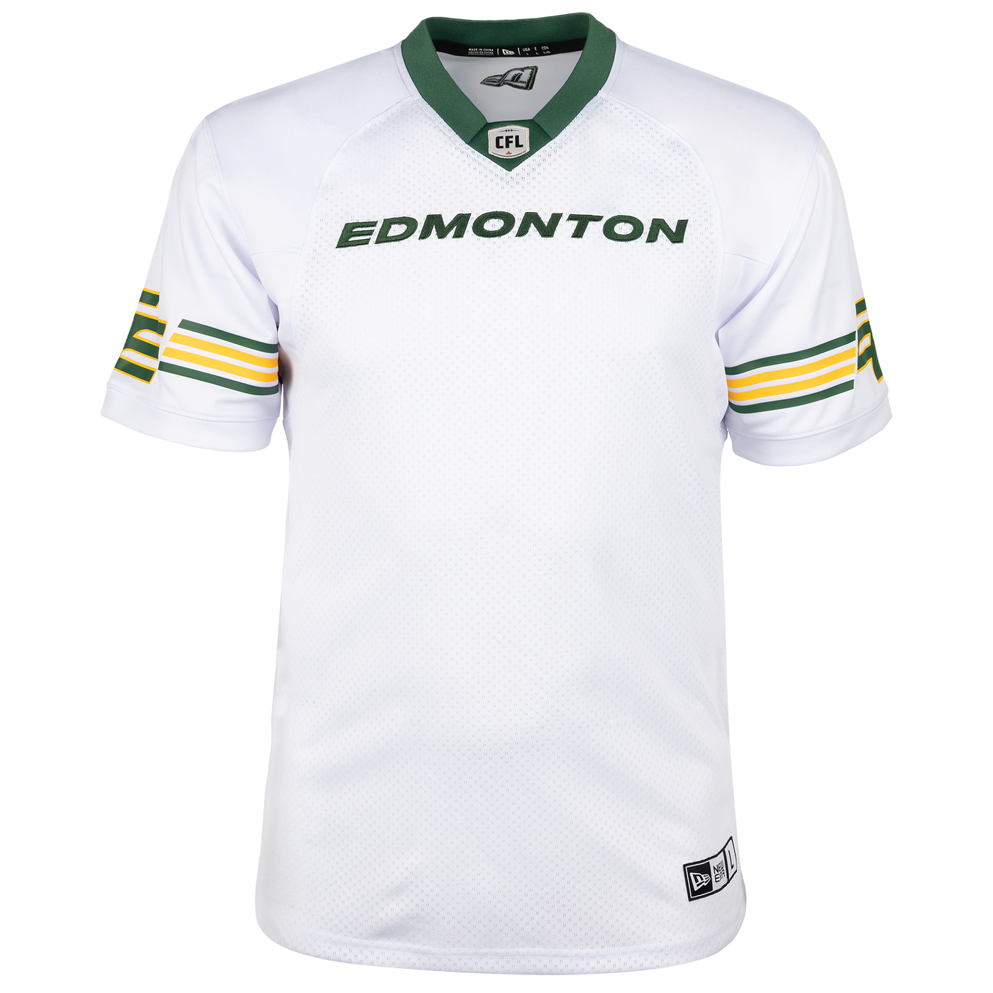 White Edmonton Elks jersey with green and yellow accents, featuring the word 'Edmonton'.