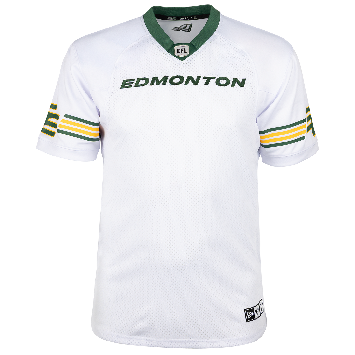 White Edmonton Elks jersey with green and yellow accents, featuring the word 'Edmonton'.