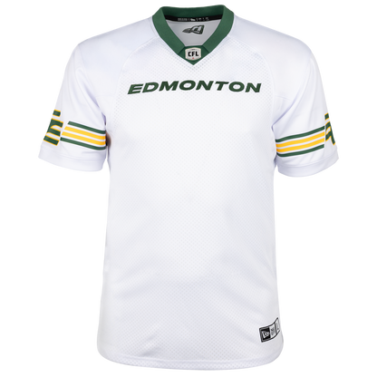 White Edmonton Elks jersey with green and yellow accents, featuring the word 'Edmonton'.