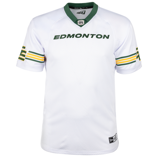 White Edmonton Elks jersey with green and yellow accents, featuring the word 'Edmonton'.