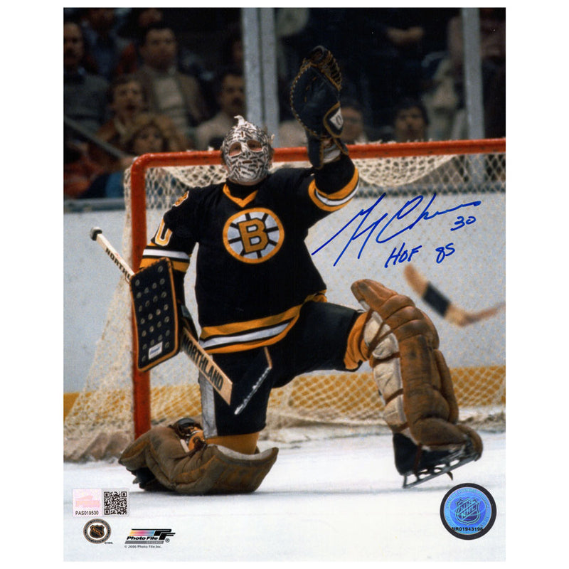 Gerry Cheevers Signed Boston Bruins Glove Save 8x10 Photo Inscribed