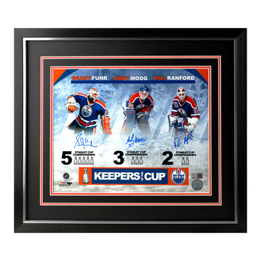Moog, Fuhr, & Ranford Edmonton Oilers Triple Signed 11x14 Framed Photo