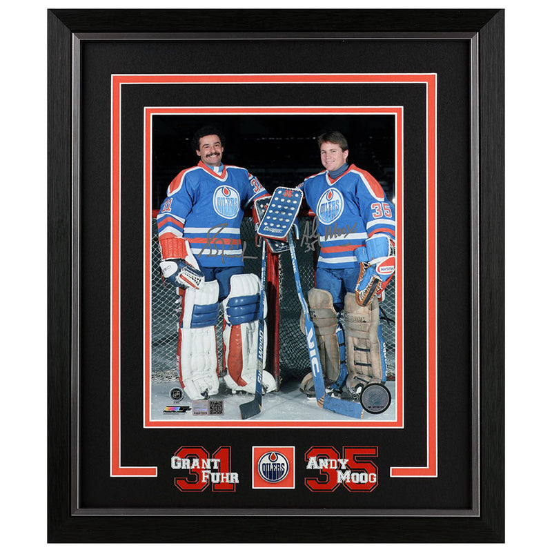 Grant Fuhr & Andy Moog Dual Signed Edmonton Oilers 8x10 Photo Net Pose