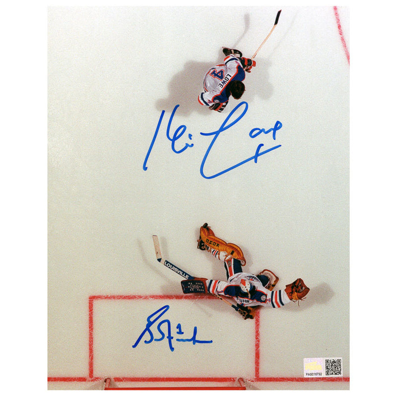 Grant Fuhr & Kevin Lowe Dual Signed Edmonton Oilers Overhead 8x10 Photo