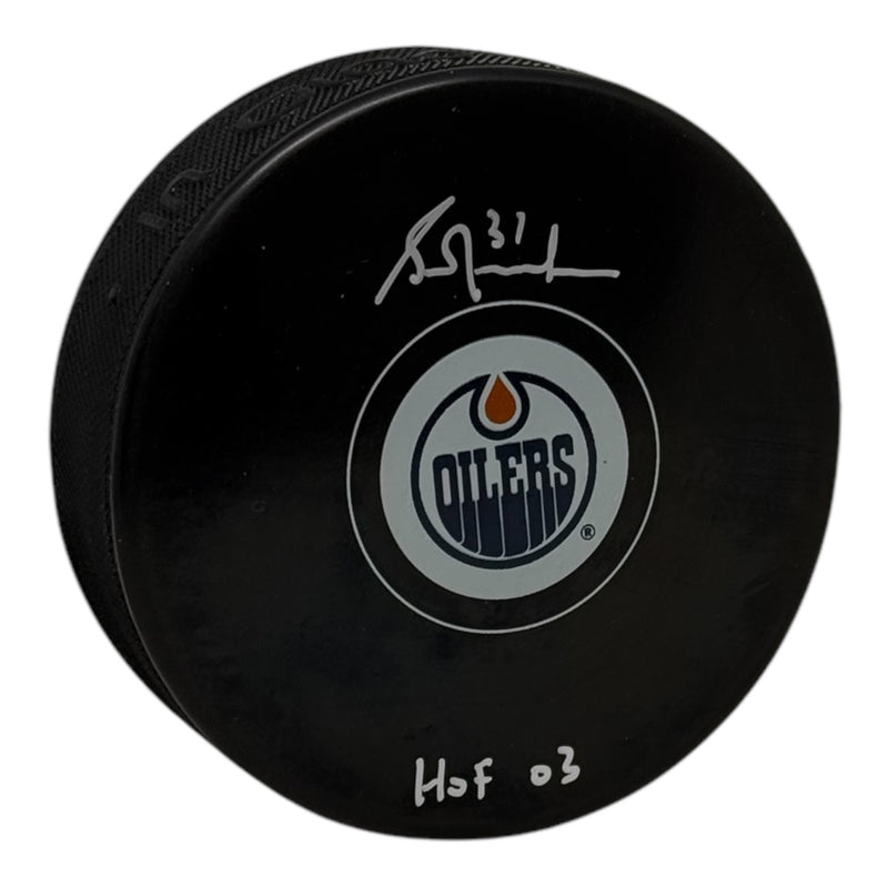 Grant Fuhr Signed Edmonton Oilers Puck HOF 03 Inscription