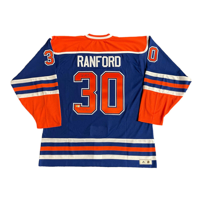 Bill Ranford Edmonton Oilers Signed Royal Jersey with 1990 Stanley Cup Finals Patch Inscribed