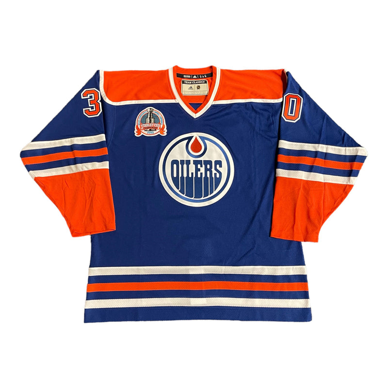 Bill Ranford Edmonton Oilers Signed Royal Jersey with 1990 Stanley Cup Finals Patch Inscribed