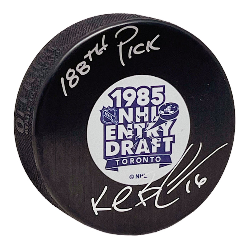 Kelly Buchberger Signed 1985 NHL Draft Puck with Inscription