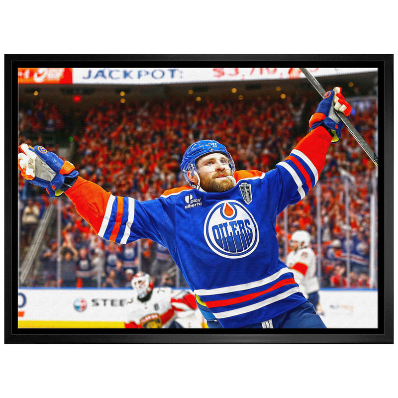 Leon Draisaitl Edmonton Oilers Stanley Cup Final OT Winner Celebration 20x29 Canvas Frame