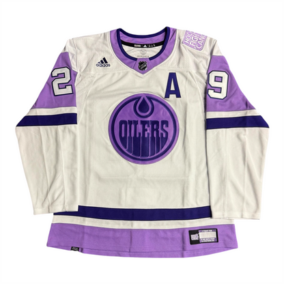 Leon Draisaitl Signed Edmonton Oilers Hockey Fights Cancer White adidas Authentic Jersey
