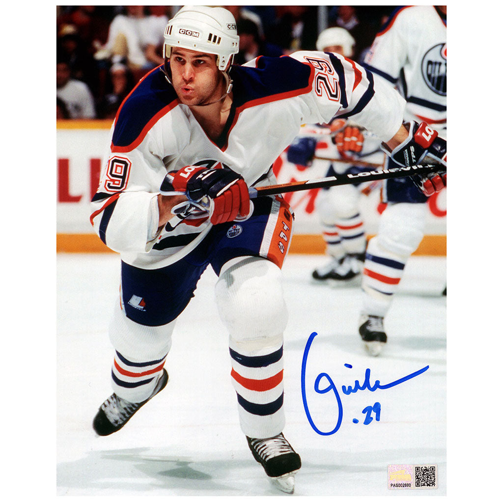 Louie DeBrusk Signed Edmonton Oilers Home "Charging Up Ice" Action 8x10 Photo