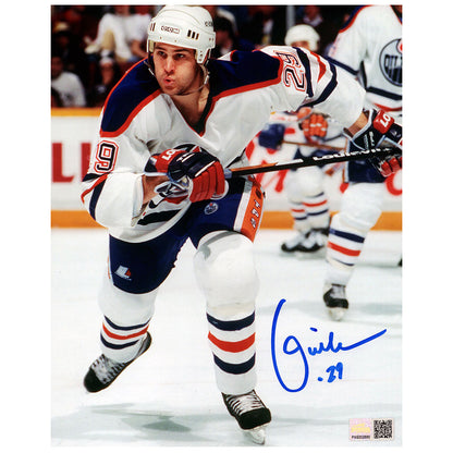 Louie DeBrusk Signed Edmonton Oilers Home "Charging Up Ice" Action 8x10 Photo