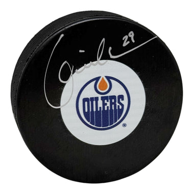 Louie DeBrusk Signed Edmonton Oilers Mid Size Logo Puck
