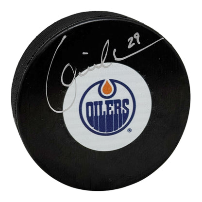 Louie DeBrusk Signed Edmonton Oilers Mid Size Logo Puck