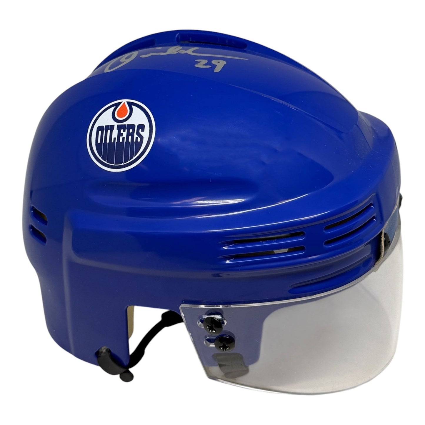 Louie DeBrusk Signed Edmonton Oilers Royal Mini Helmet
