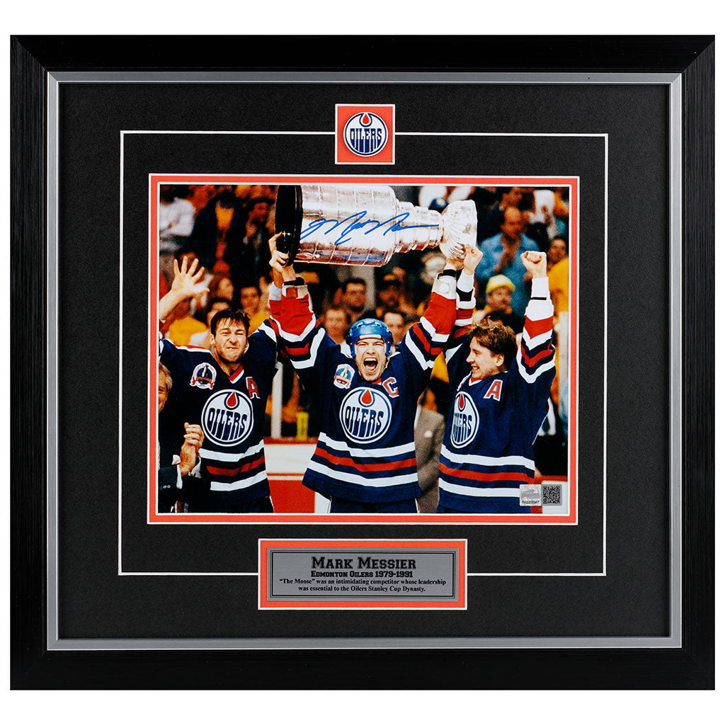 Mark Messier Edmonton Oilers Signed 8x10 Photo "90 Cup Overhead"
