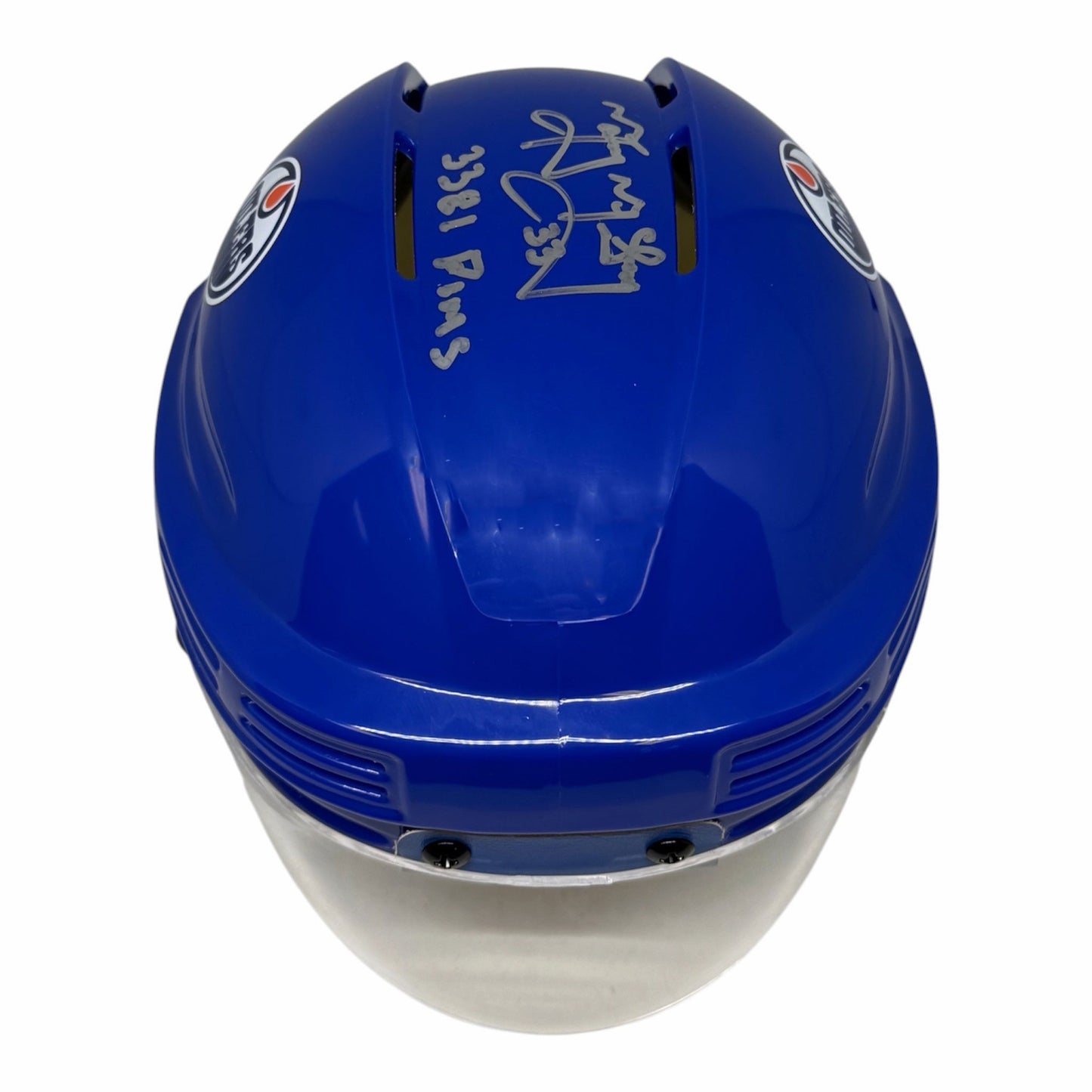 Marty McSorley Signed with Inscription Edmonton Oilers Royal Mini Helmet