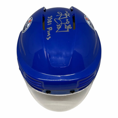 Marty McSorley Signed with Inscription Edmonton Oilers Royal Mini Helmet