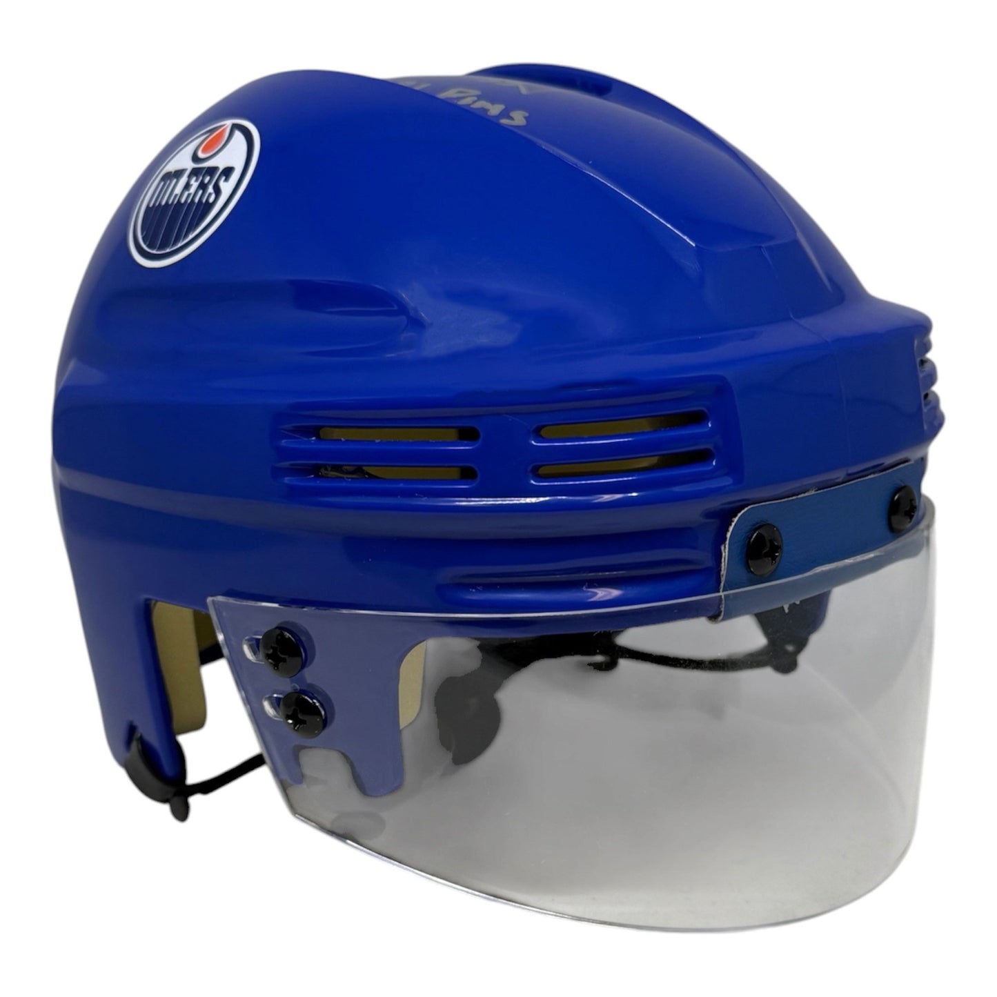 Marty McSorley Signed with Inscription Edmonton Oilers Royal Mini Helmet