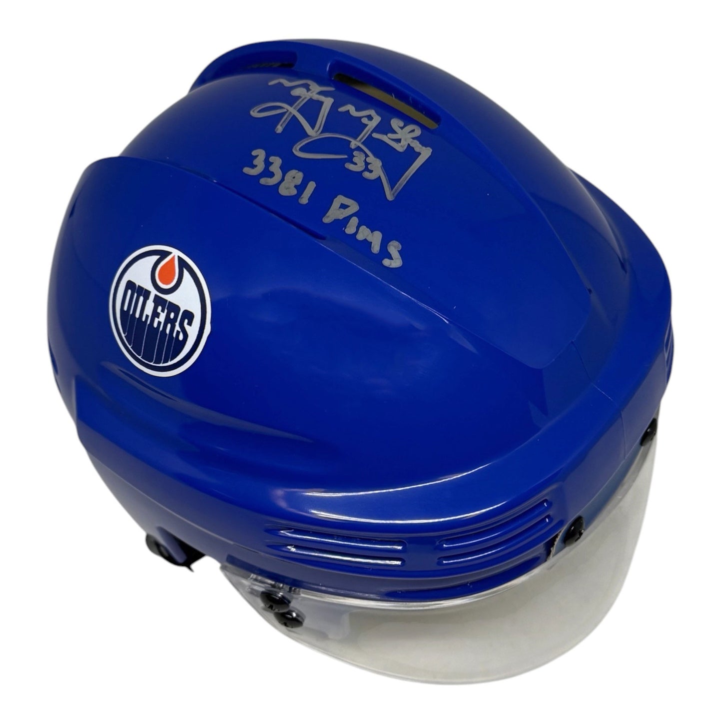 Marty McSorley Signed with Inscription Edmonton Oilers Royal Mini Helmet