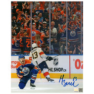 Mattias Janmark Signed Edmonton Oilers Blue Action 24 SCF Goal Celebration 8x10 Photo