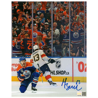 Mattias Janmark Signed Edmonton Oilers Blue Action 24 SCF Goal Celebration 8x10 Photo