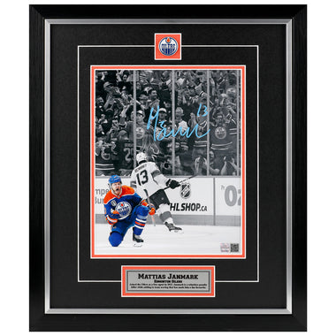 Mattias Janmark Signed Edmonton Oilers Blue Action 24 SCF Goal Celebration SPOTLIGHT 8x10 Framed Photo