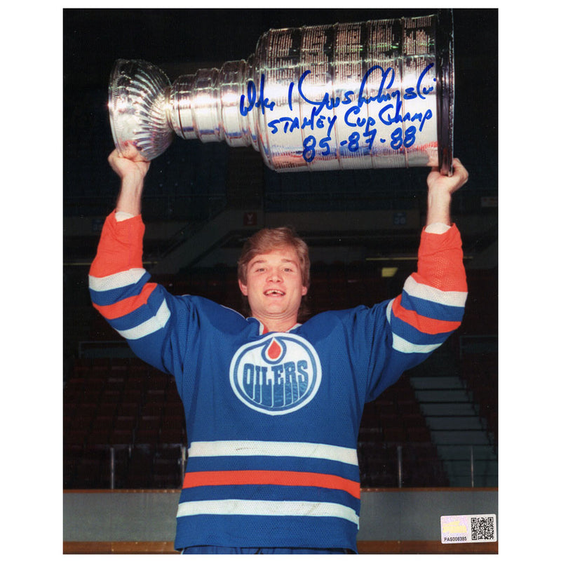 Mike Krushelnyski Signed Edmonton Oilers 8x10 Photo Stanley Cup Overhead Inscribed