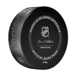 Back of black hockey puck with NHL official game puck design screenprinted in patented temperature sensitive ink that turns purple when frozen
