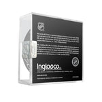 Back view of official NHL game puck display case, with NHL branding and shield logos, NHL trademark information, and Inglasco brand information