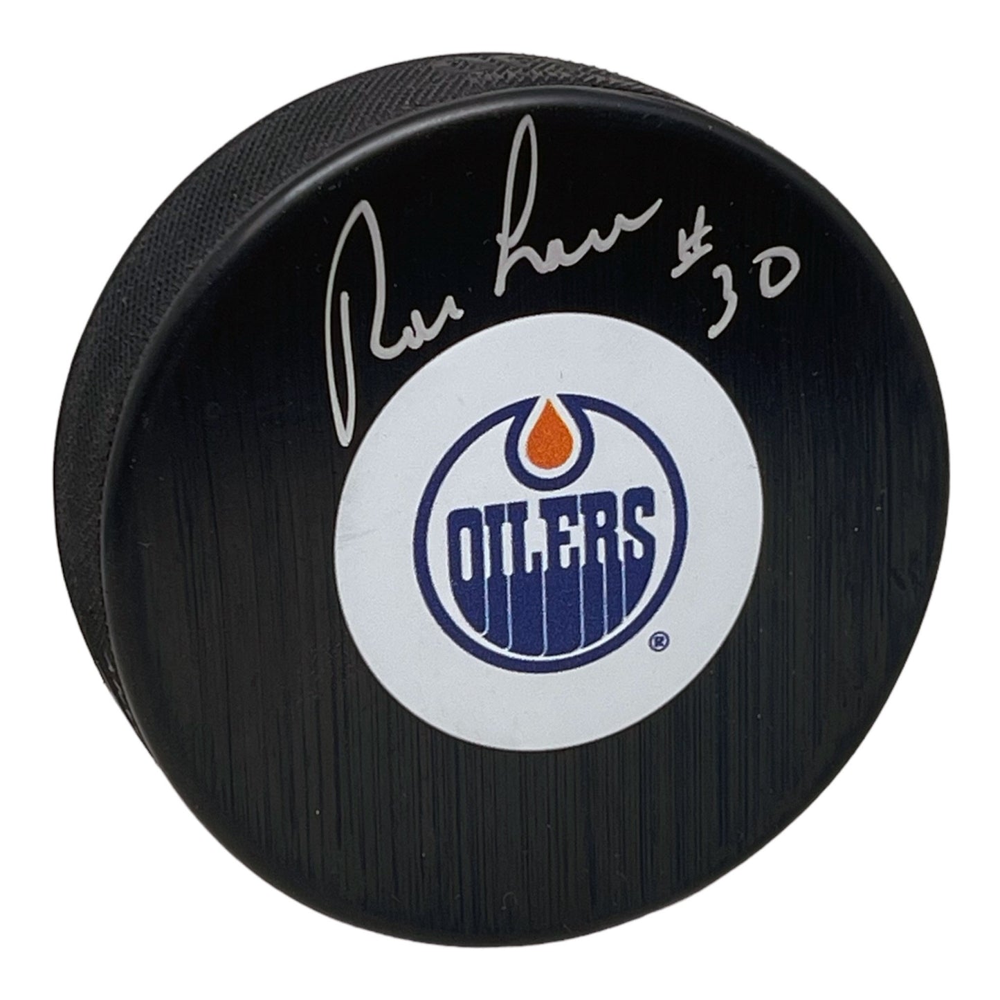 Ron Low Signed Edmonton Oilers Puck Mid Size Logo