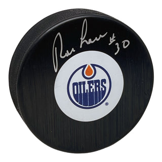 Ron Low Signed Edmonton Oilers Puck Mid Size Logo