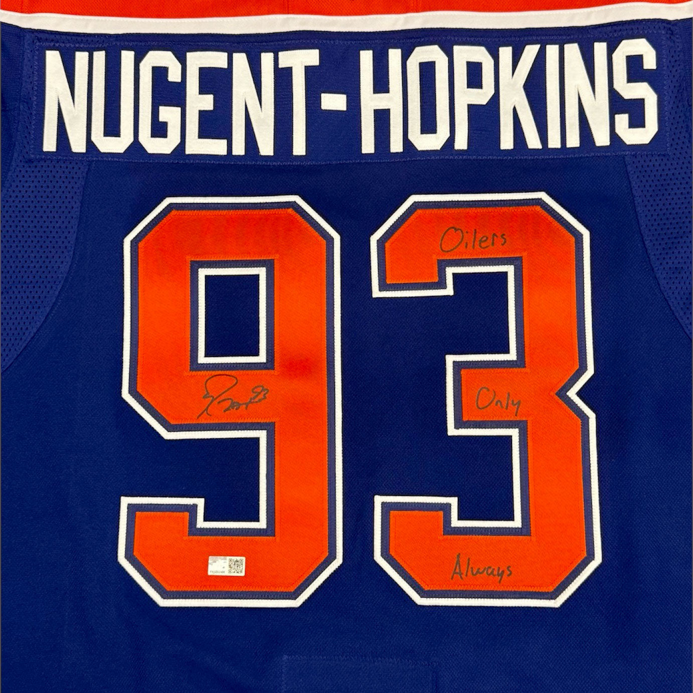 Ryan Nugent-Hopkins Signed and Inscribed Edmonton Oilers Royal Fanatics Premium Jersey