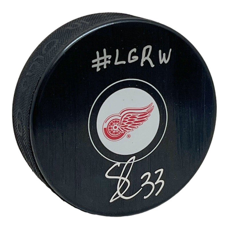 Sebastian Cossa Signed Detroit Red Wings Puck Inscribed "#LGRW"