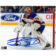 Stuart Skinner Signed Edmonton Oilers Cream Third Action Faceoff Ready 11x14 Photo