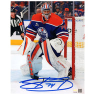 Stuart Skinner Signed Edmonton Oilers Royal Home Action Eyeing The Play 11x14 Photo
