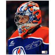 Stuart Skinner Signed Edmonton Oilers Royal Home Action Mask Closeup 8x10 Photo