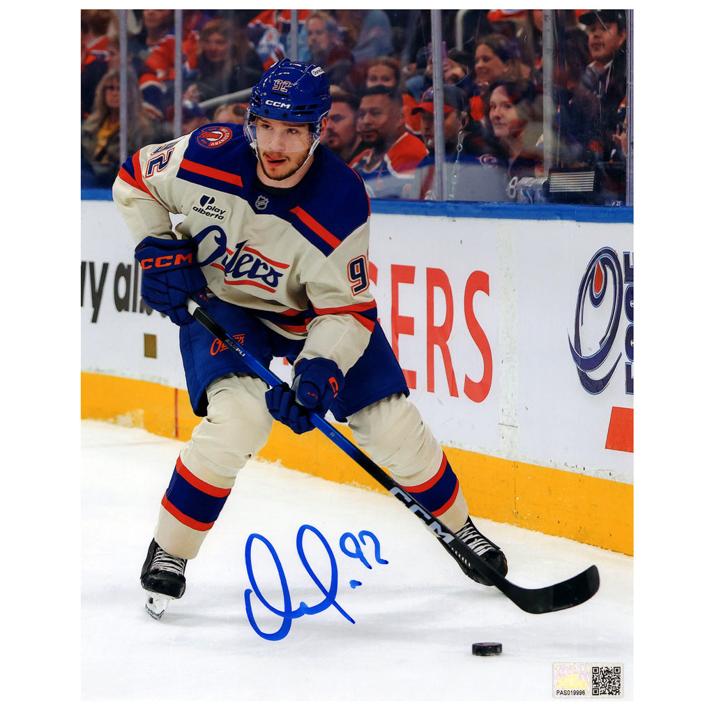 Vasily Podkolzin Signed Edmonton Oilers Cream Third Action Vertical 8x10 Photo