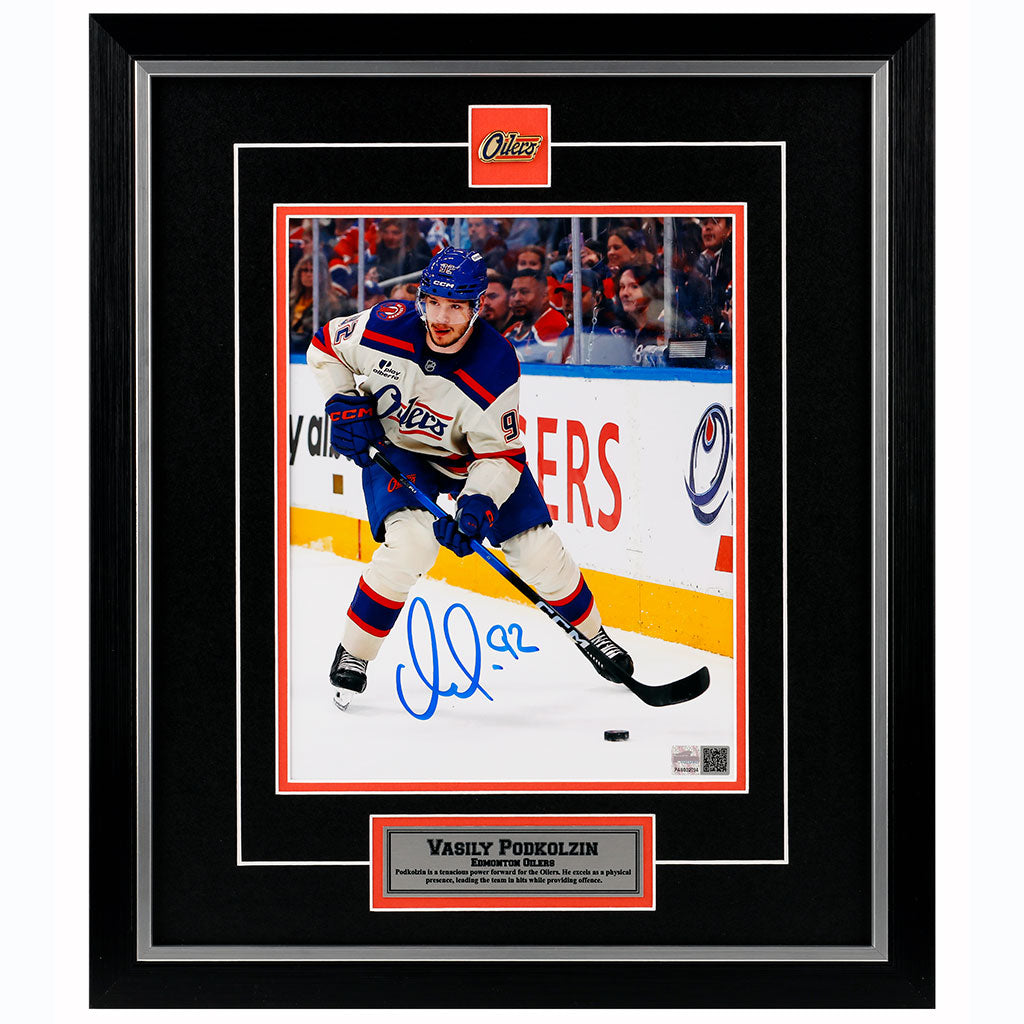 Vasily Podkolzin Signed Edmonton Oilers Cream Third Action Vertical 8x10 Framed Photo