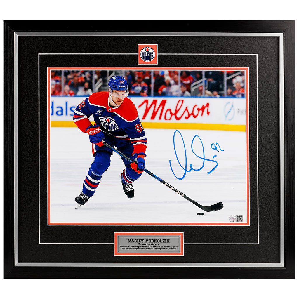 Vasily Podkolzin Signed Edmonton Oilers Royal Home Action Carrying The Puck 11x14 Framed Photo