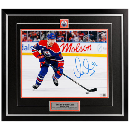 Vasily Podkolzin Signed Edmonton Oilers Royal Home Action Carrying The Puck 11x14 Framed Photo