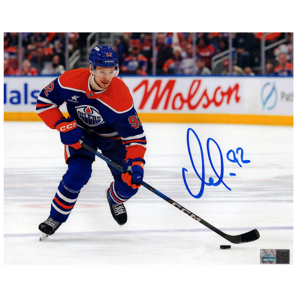 Vasily Podkolzin Signed Edmonton Oilers Royal Home Action Carrying The Puck 11x14 Framed Photo