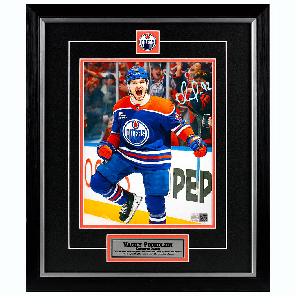Vasily Podkolzin Signed Edmonton Oilers Royal Home Action Celebration 8x10 Framed Photo