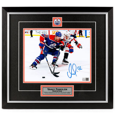 Vasily Podkolzin Signed Edmonton Oilers Royal Home Action Driving To The Net 8x10 Framed Photo