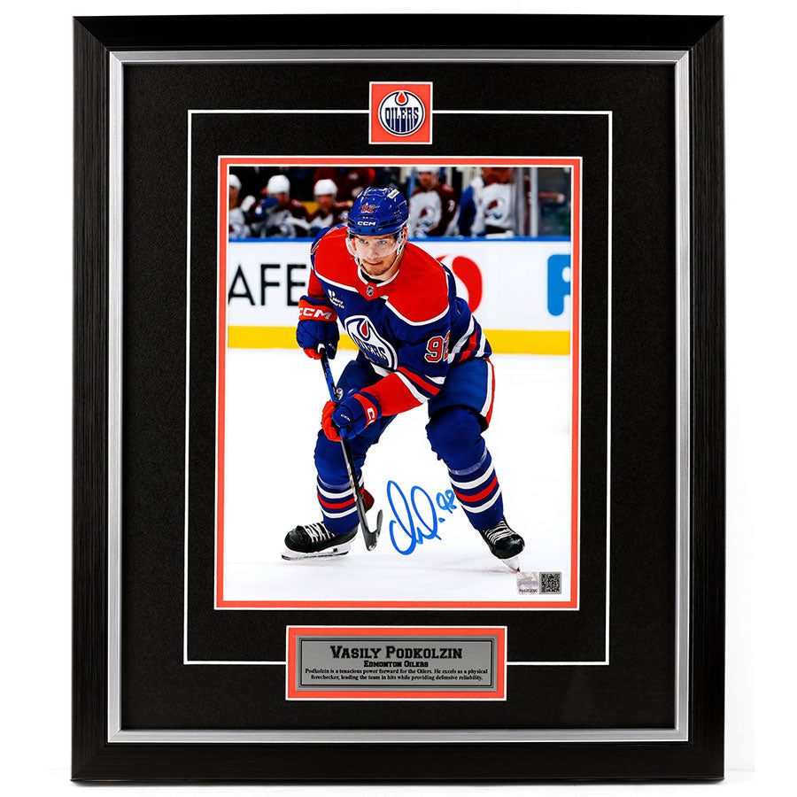 Vasily Podkolzin Signed Edmonton Oilers Royal Home Action Faceoff Ready 8x10 Framed Photo