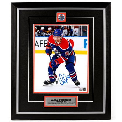 Vasily Podkolzin Signed Edmonton Oilers Royal Home Action Faceoff Ready 8x10 Framed Photo